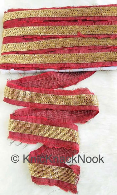 Black / Red Art Silk Fabric Trim With Gold Bugle Beads Embellishments And Gold Embroidery, Beaded Trim,